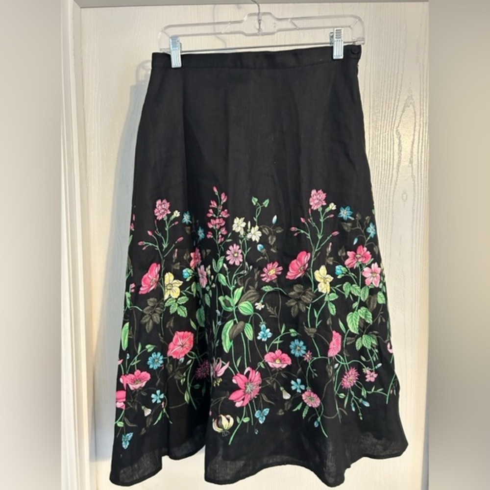 SilkLand black A-line linen skirt featuring multicolor floral embroidery size 4